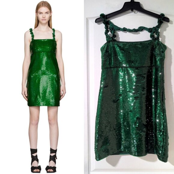 Ganni | Twisted Sequined Satin Mini Dress In Kelly Green - Picture 1 of 15
